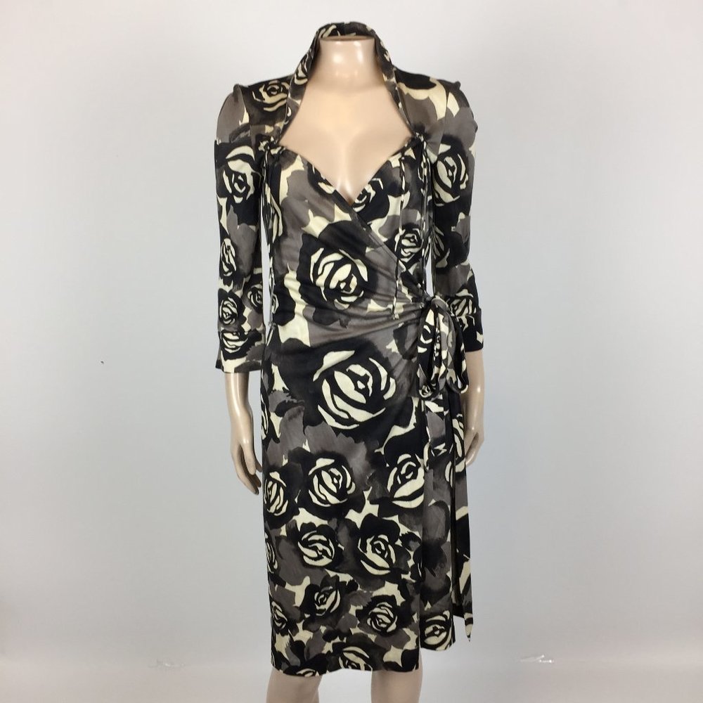 Diane Von Furstenberg Black and Cream Floral Wrap Dress